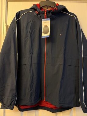 Tommy Hilfiger Navy Hooded Rain Jacket with Red Trim